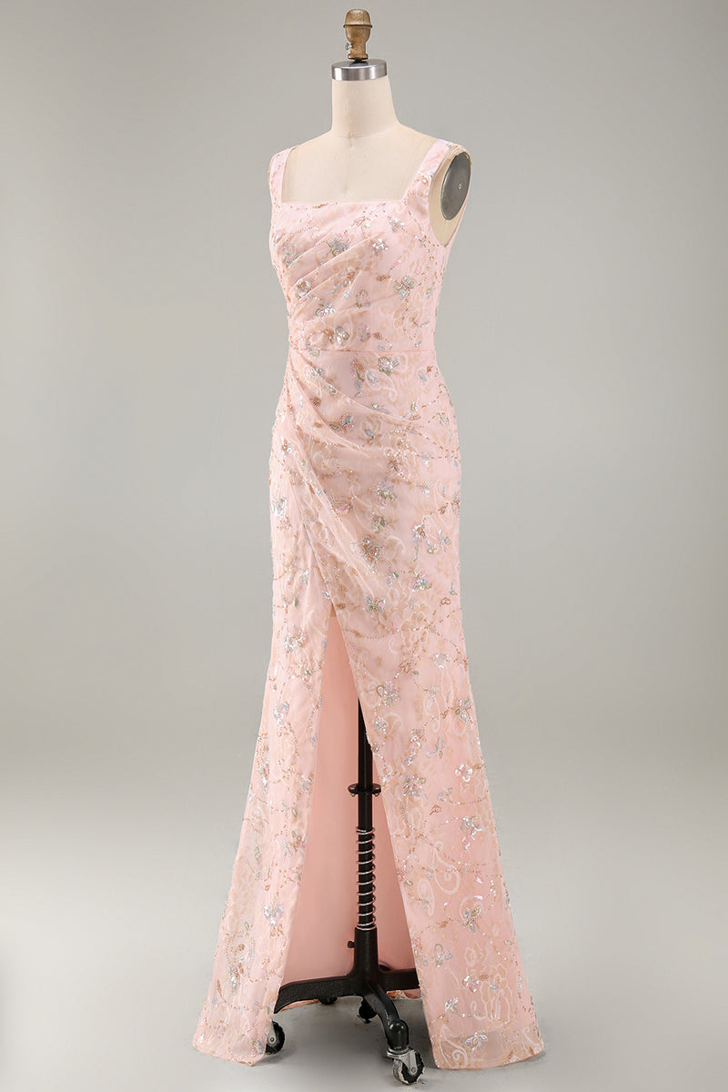 Load image into Gallery viewer, Floral Sparkly Blush Mermaid Sequin Long Mother of the Bride Dress with Slit