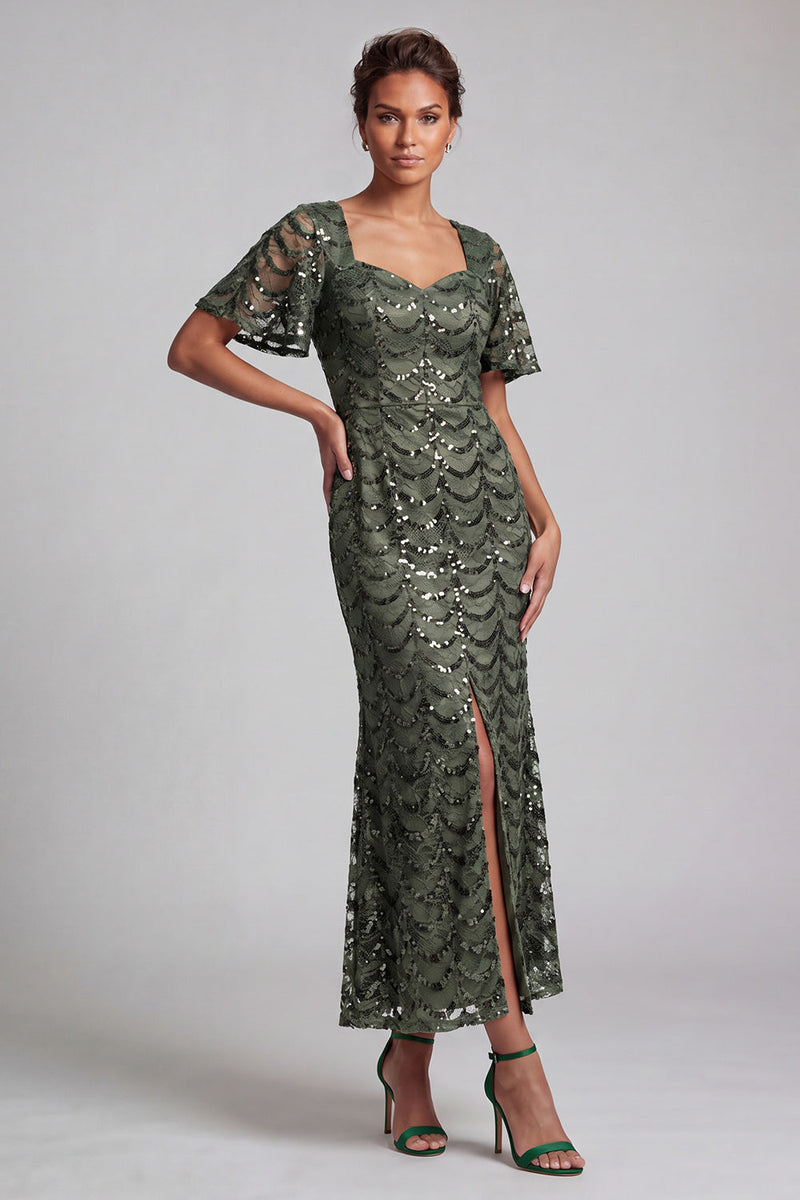Load image into Gallery viewer, Sparkly Olive Short Sleeves Mermaid Sequin Long Mother of the Bride Dress