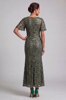 Sparkly Olive Short Sleeves Mermaid Sequin Long Mother of the Bride Dress