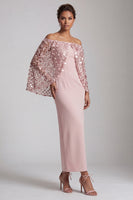 Load image into Gallery viewer, Sparkly Blush Sequin Sheath Long Mother of the Bride Dress with Cape