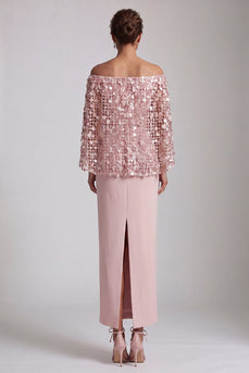 Sparkly Blush Sequin Sheath Long Mother of the Bride Dress with Cape
