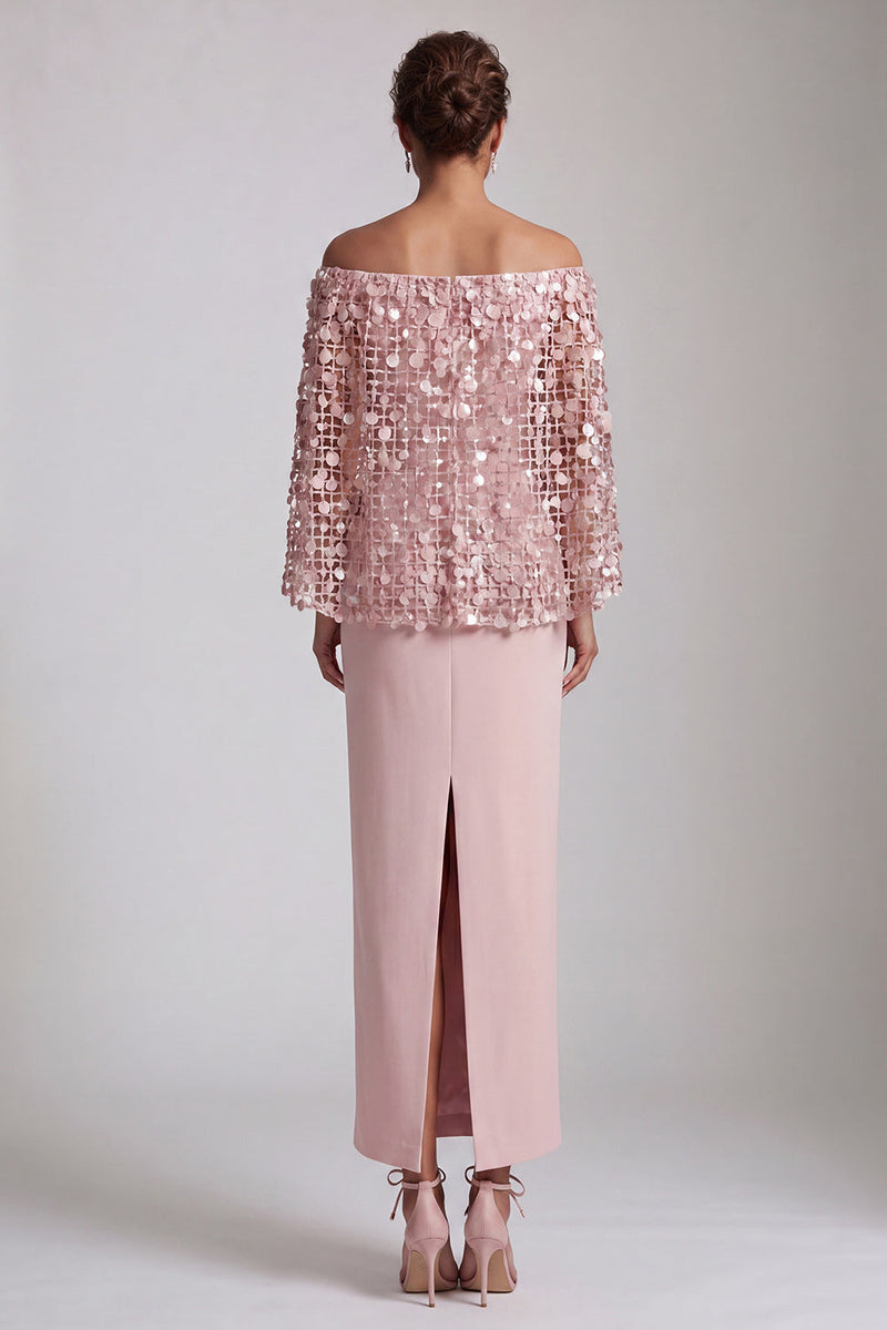 Load image into Gallery viewer, Sparkly Blush Sequin Sheath Long Mother of the Bride Dress with Cape