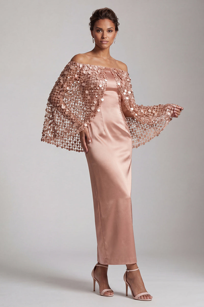 Load image into Gallery viewer, Sparkly Blush Sequin Sheath Long Mother of the Bride Dress with Cape
