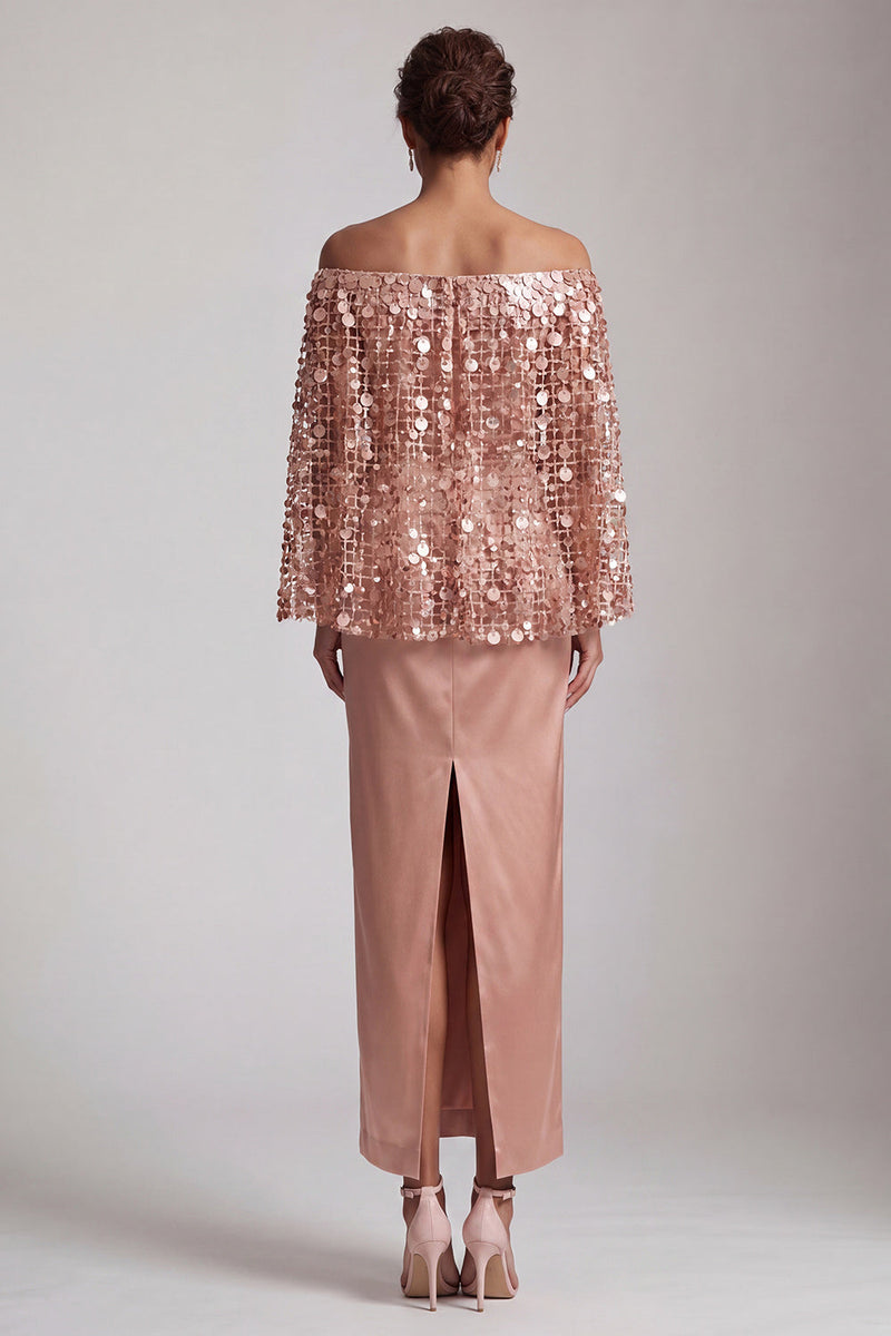 Load image into Gallery viewer, Sparkly Blush Sequin Sheath Long Mother of the Bride Dress with Cape