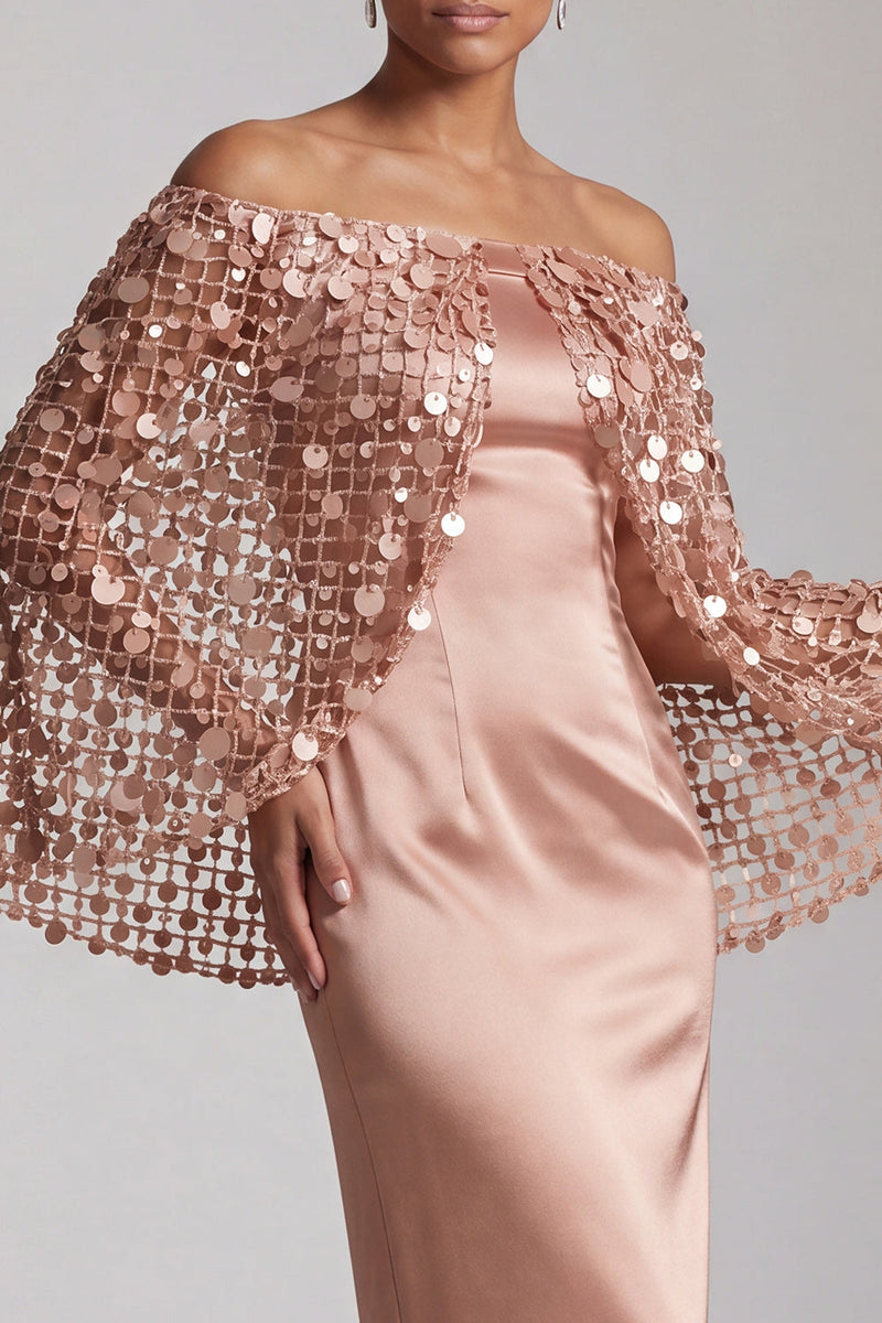 Load image into Gallery viewer, Sparkly Blush Sequin Sheath Long Mother of the Bride Dress with Cape