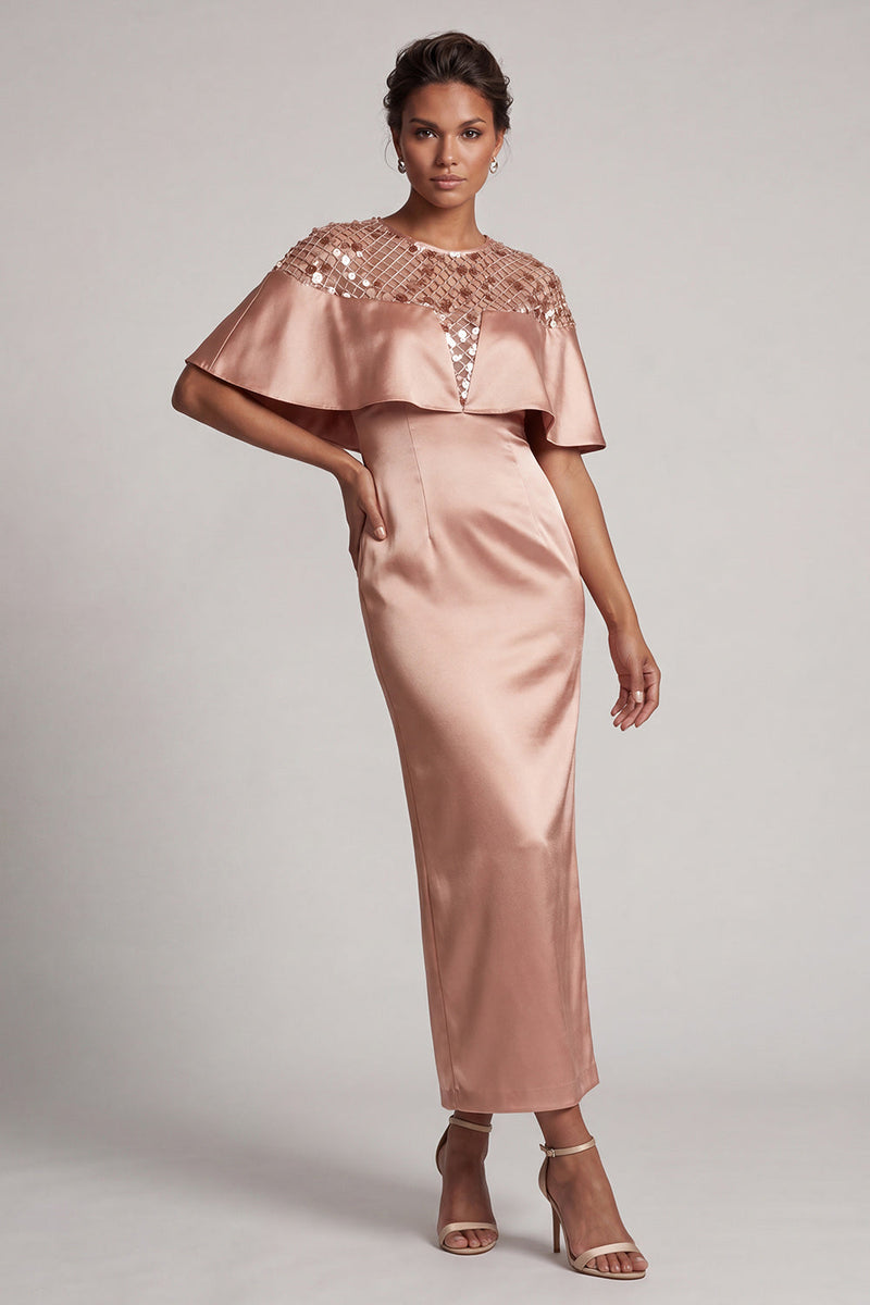 Load image into Gallery viewer, Sparkly Blush Sheath Sequin Long Mother of the Bride Dress with Cape