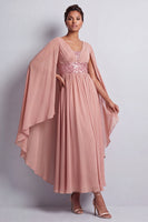 Load image into Gallery viewer, Long Sparkly Pink Beaded V-Neck A Line Mother of the Bride Dress with Cape