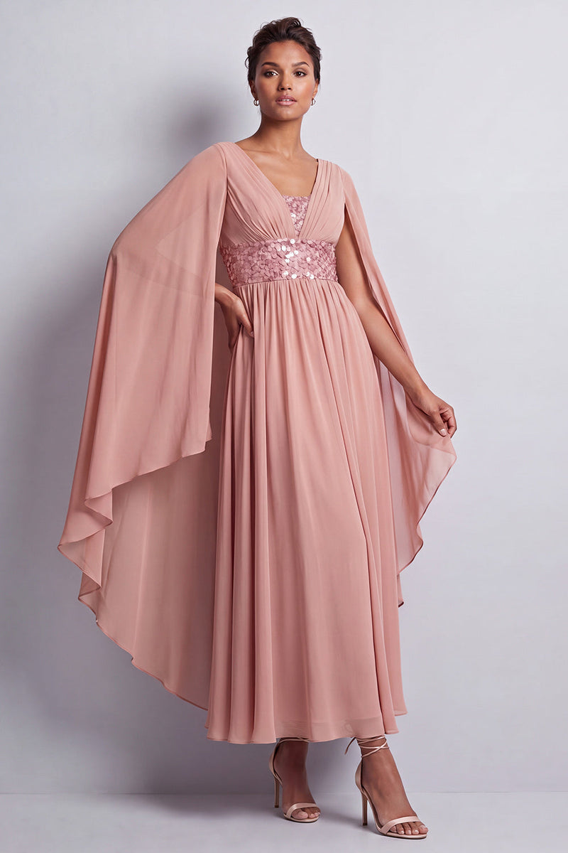 Load image into Gallery viewer, Long Sparkly Pink Beaded V-Neck A Line Mother of the Bride Dress with Cape