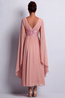 Load image into Gallery viewer, Long Sparkly Pink Beaded V-Neck A Line Mother of the Bride Dress with Cape