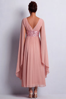 Long Sparkly Pink Beaded V-Neck A Line Mother of the Bride Dress with Cape