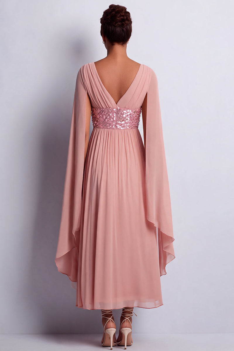 Load image into Gallery viewer, Long Sparkly Pink Beaded V-Neck A Line Mother of the Bride Dress with Cape