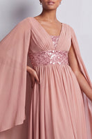 Load image into Gallery viewer, Long Sparkly Pink Beaded V-Neck A Line Mother of the Bride Dress with Cape