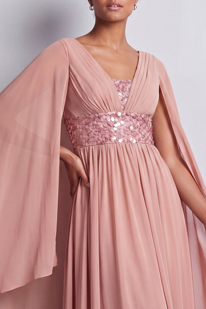 Load image into Gallery viewer, Long Sparkly Pink Beaded V-Neck A Line Mother of the Bride Dress with Cape