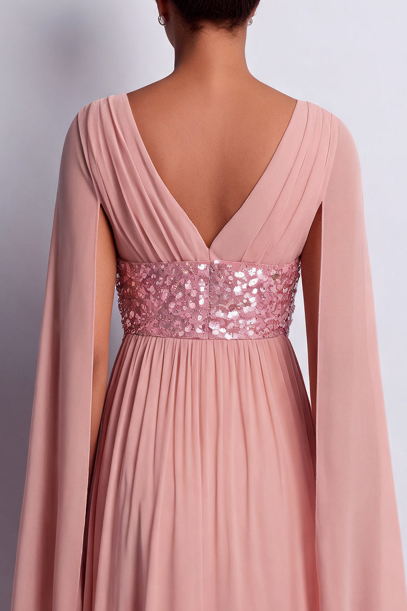 Load image into Gallery viewer, Long Sparkly Pink Beaded V-Neck A Line Mother of the Bride Dress with Cape