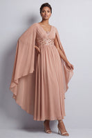 Load image into Gallery viewer, Long Sparkly Pink Beaded V-Neck A Line Mother of the Bride Dress with Cape