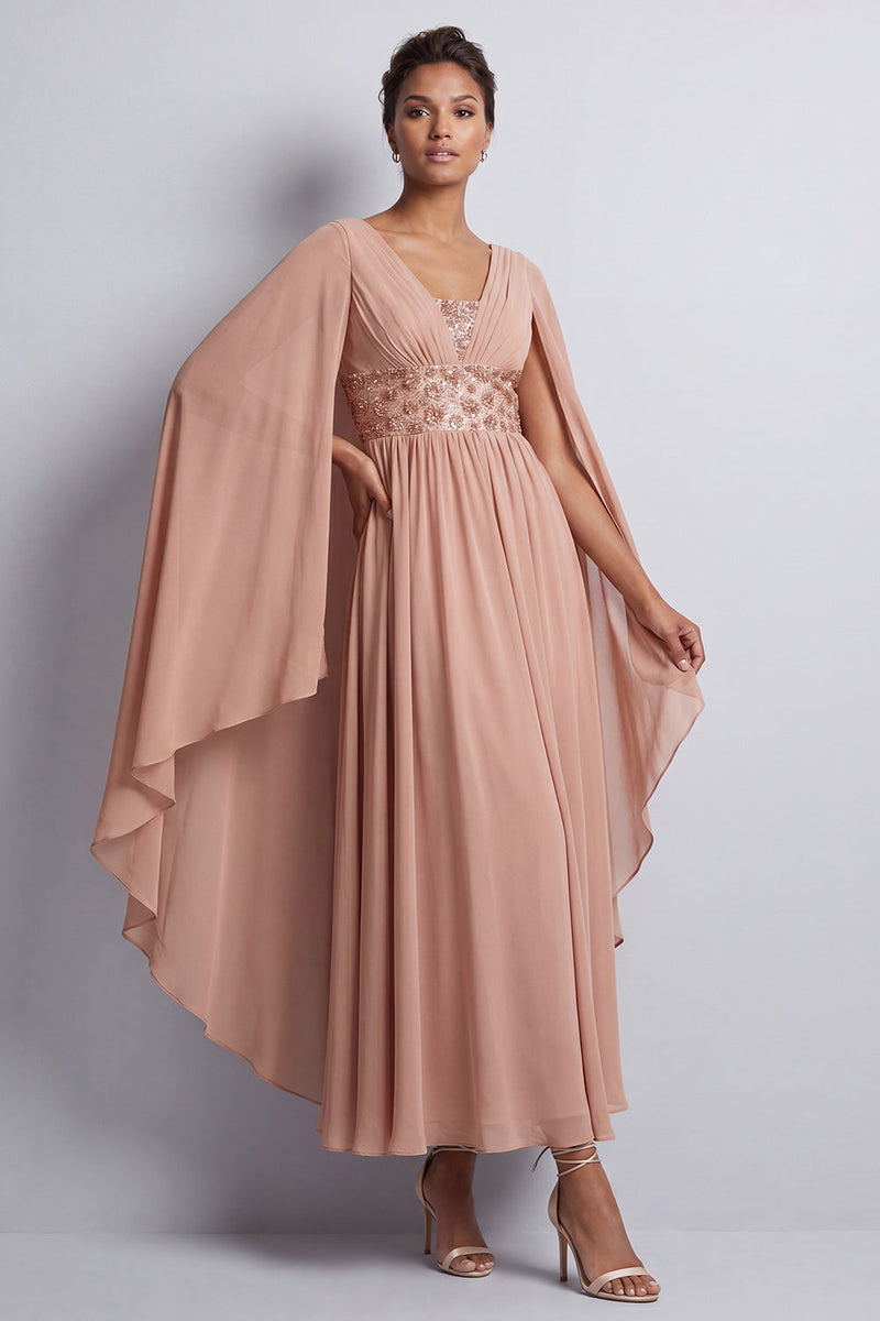 Load image into Gallery viewer, Long Sparkly Pink Beaded V-Neck A Line Mother of the Bride Dress with Cape