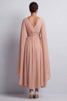 Load image into Gallery viewer, Long Sparkly Pink Beaded V-Neck A Line Mother of the Bride Dress with Cape