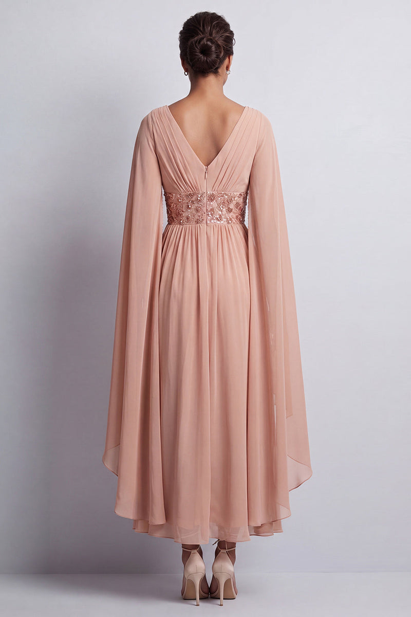Load image into Gallery viewer, Long Sparkly Pink Beaded V-Neck A Line Mother of the Bride Dress with Cape