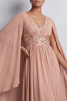 Load image into Gallery viewer, Long Sparkly Pink Beaded V-Neck A Line Mother of the Bride Dress with Cape