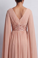 Load image into Gallery viewer, Long Sparkly Pink Beaded V-Neck A Line Mother of the Bride Dress with Cape