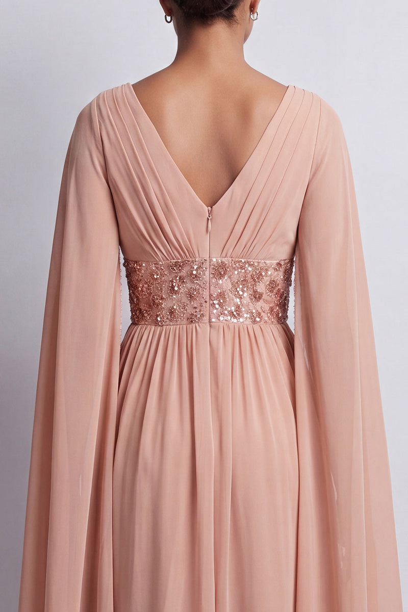 Load image into Gallery viewer, Long Sparkly Pink Beaded V-Neck A Line Mother of the Bride Dress with Cape