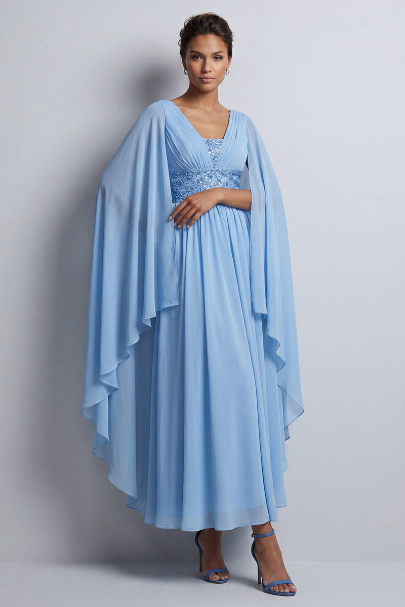 Load image into Gallery viewer, Long Sparkly Pink Beaded V-Neck A Line Mother of the Bride Dress with Cape