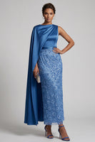 Load image into Gallery viewer, Long Sparkly Pink Sequin Sheath Mother of the Bride Dress with Side Cape