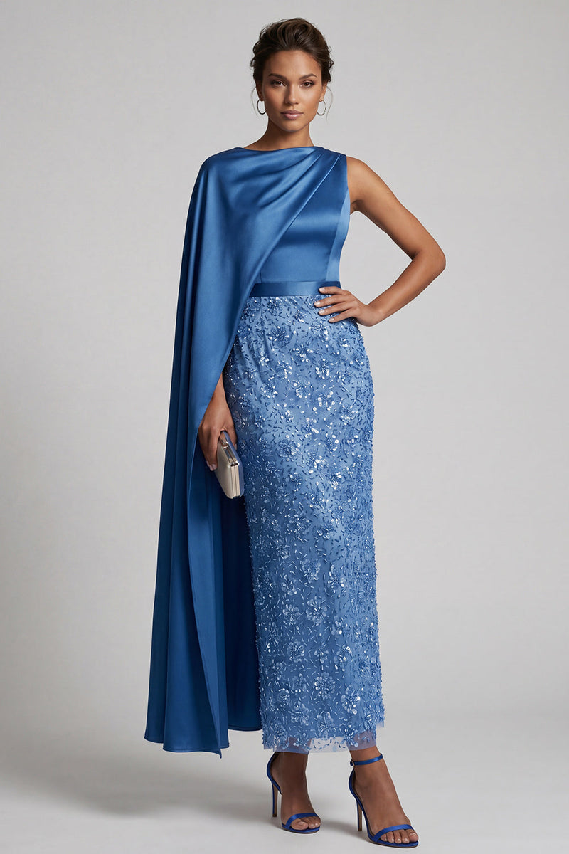 Load image into Gallery viewer, Long Sparkly Pink Sequin Sheath Mother of the Bride Dress with Side Cape
