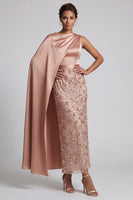 Load image into Gallery viewer, Long Sparkly Pink Sequin Sheath Mother of the Bride Dress with Side Cape