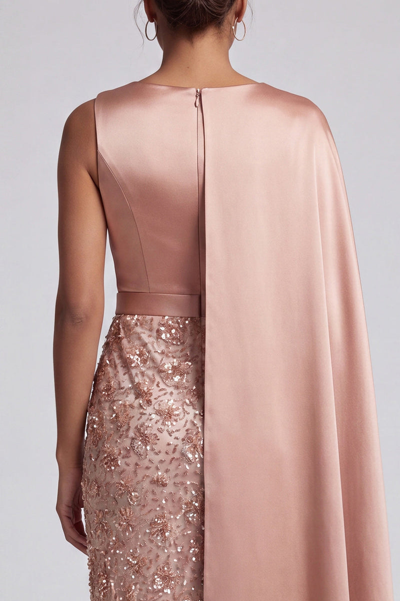 Load image into Gallery viewer, Long Sparkly Pink Sequin Sheath Mother of the Bride Dress with Side Cape