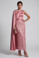 Load image into Gallery viewer, Long Sparkly Pink Sequin Sheath Mother of the Bride Dress with Side Cape
