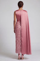 Load image into Gallery viewer, Long Sparkly Pink Sequin Sheath Mother of the Bride Dress with Side Cape