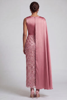 Long Sparkly Pink Sequin Sheath Mother of the Bride Dress with Side Cape