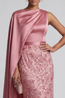 Load image into Gallery viewer, Long Sparkly Pink Sequin Sheath Mother of the Bride Dress with Side Cape