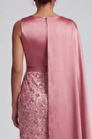 Load image into Gallery viewer, Long Sparkly Pink Sequin Sheath Mother of the Bride Dress with Side Cape