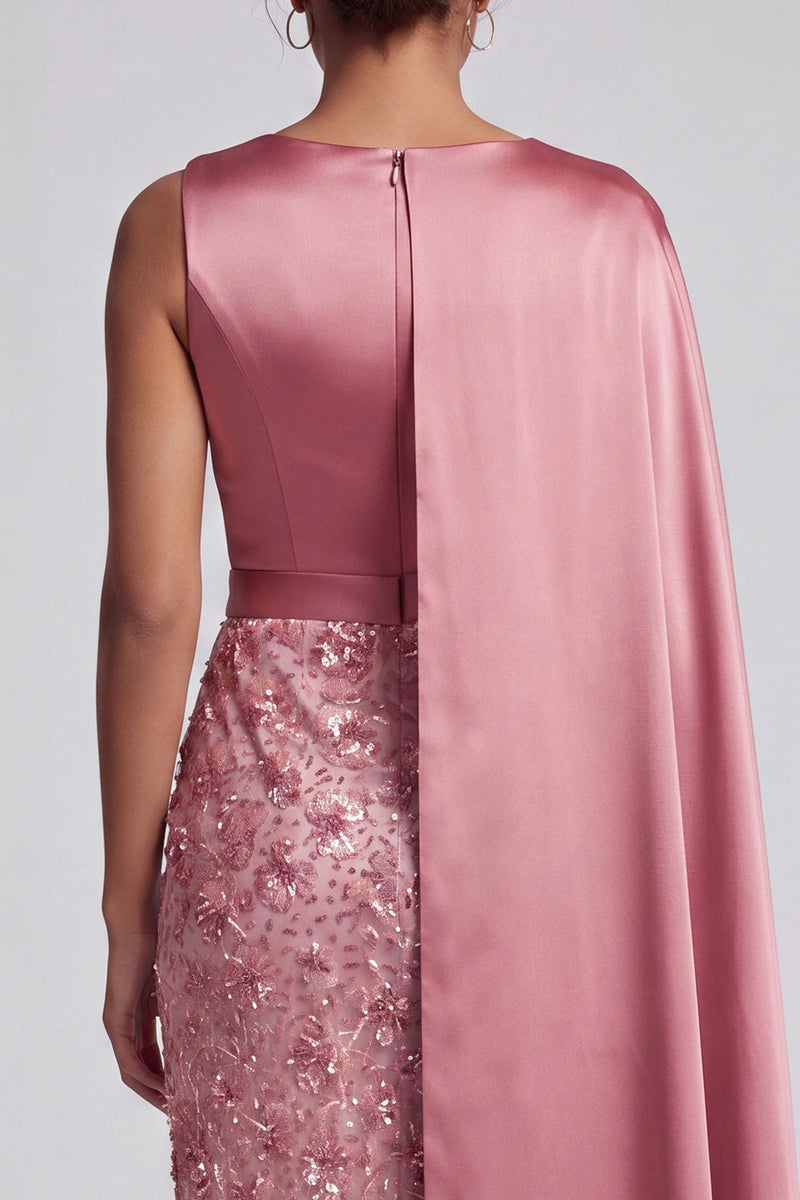 Load image into Gallery viewer, Long Sparkly Pink Sequin Sheath Mother of the Bride Dress with Side Cape