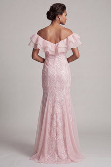 Sparkly Light Pink Mermaid Sequin Long Mother of the Bride Dress with Ruffles