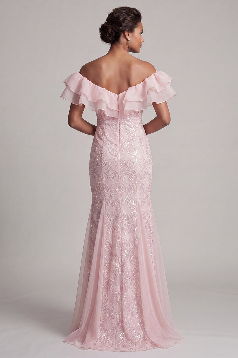 Load image into Gallery viewer, Sparkly Light Pink Mermaid Sequin Long Mother of the Bride Dress with Ruffles