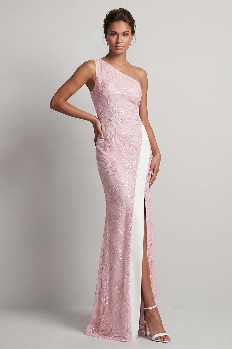Load image into Gallery viewer, Sparkly Light Pink Mermaid Sequin Long Mother of the Bride Dress with Slit