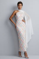 Load image into Gallery viewer, Sparkly Blush Sequin Long Sheath Mother of the Bride Dress with Side Cape