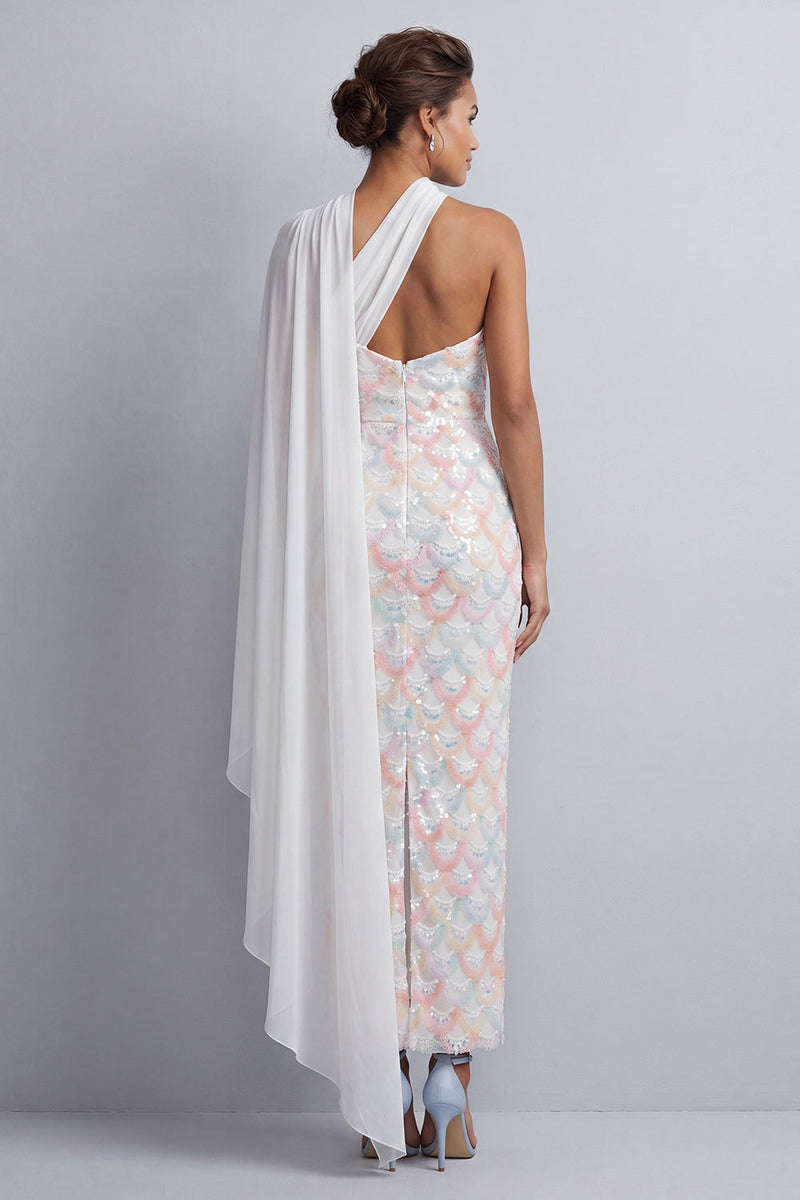 Load image into Gallery viewer, Sparkly Blush Sequin Long Sheath Mother of the Bride Dress with Side Cape