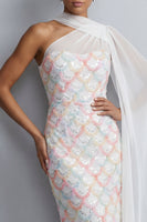 Load image into Gallery viewer, Sparkly Blush Sequin Long Sheath Mother of the Bride Dress with Side Cape