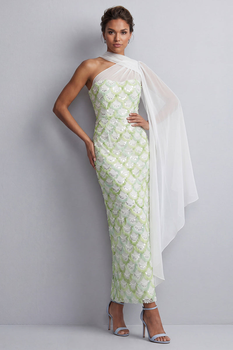 Load image into Gallery viewer, Sparkly Blush Sequin Long Sheath Mother of the Bride Dress with Side Cape