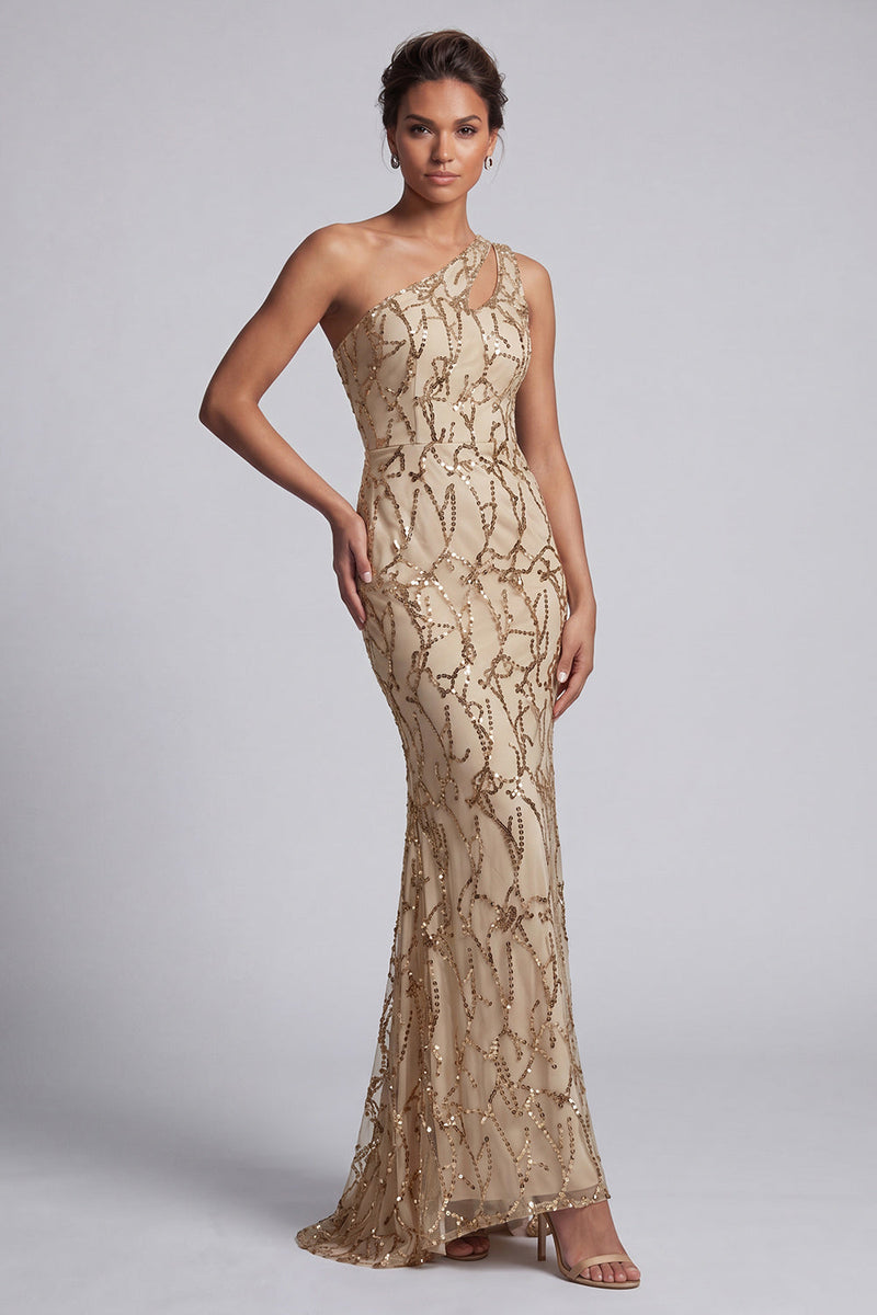 Load image into Gallery viewer, Sparkly Champagne Mermaid Long Sequin Mother of the Bride Dress with Keyhole