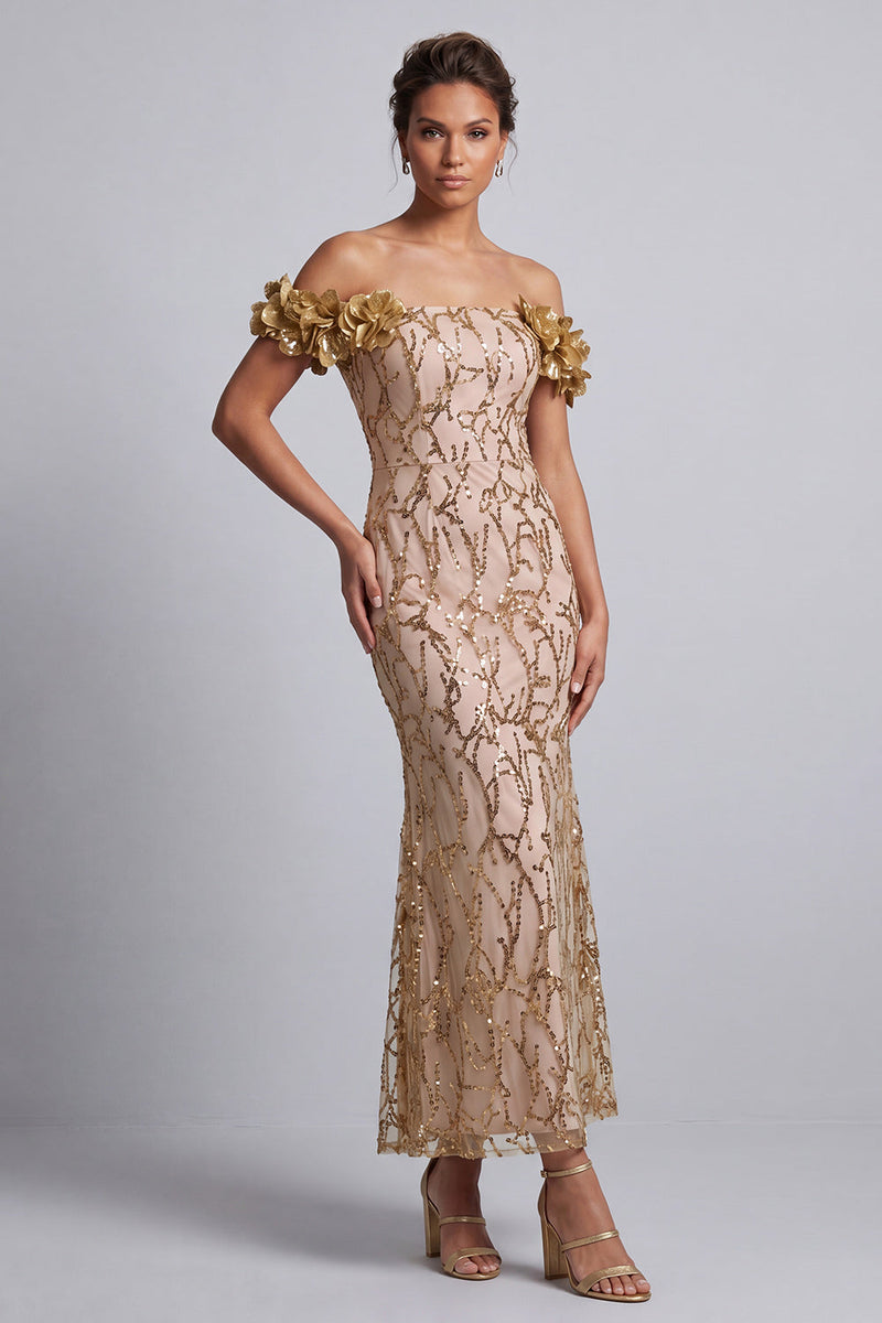 Load image into Gallery viewer, Sparkly Champagne Sequin Mermaid Long Mother of the Bride Dress with 3D Flowers