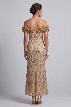 Sparkly Champagne Sequin Mermaid Long Mother of the Bride Dress with 3D Flowers