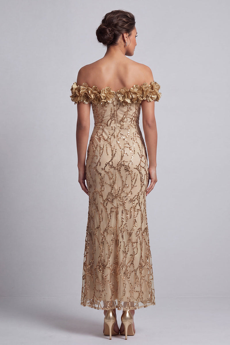 Load image into Gallery viewer, Sparkly Champagne Sequin Mermaid Long Mother of the Bride Dress with 3D Flowers