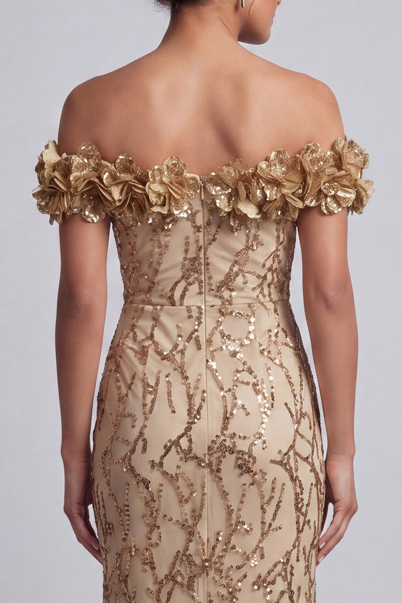 Load image into Gallery viewer, Sparkly Champagne Sequin Mermaid Long Mother of the Bride Dress with 3D Flowers