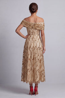Sparkly Floral Champagne A-Line Beaded Long Mother of the Bride Dress