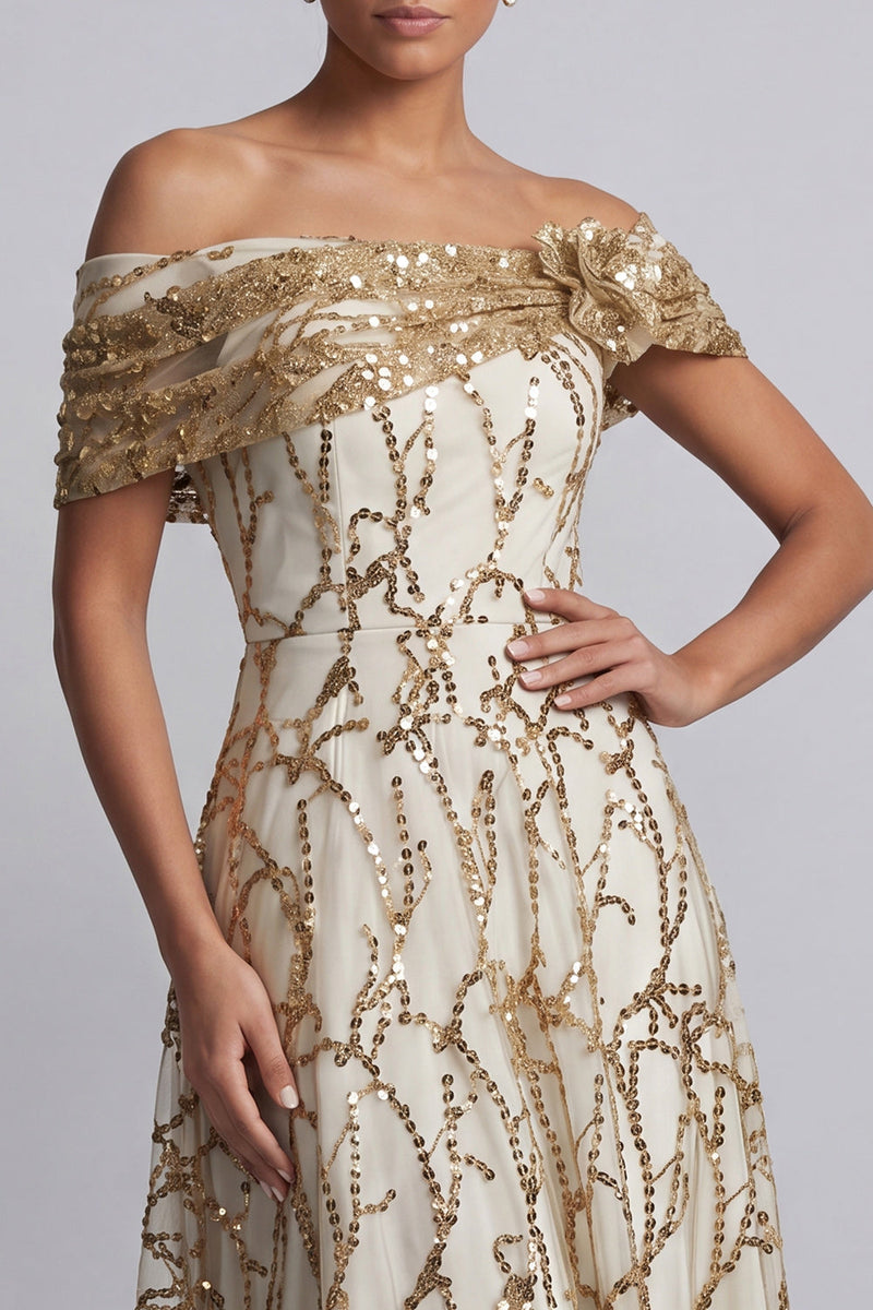 Load image into Gallery viewer, Sparkly Floral Champagne A-Line Beaded Long Mother of the Bride Dress